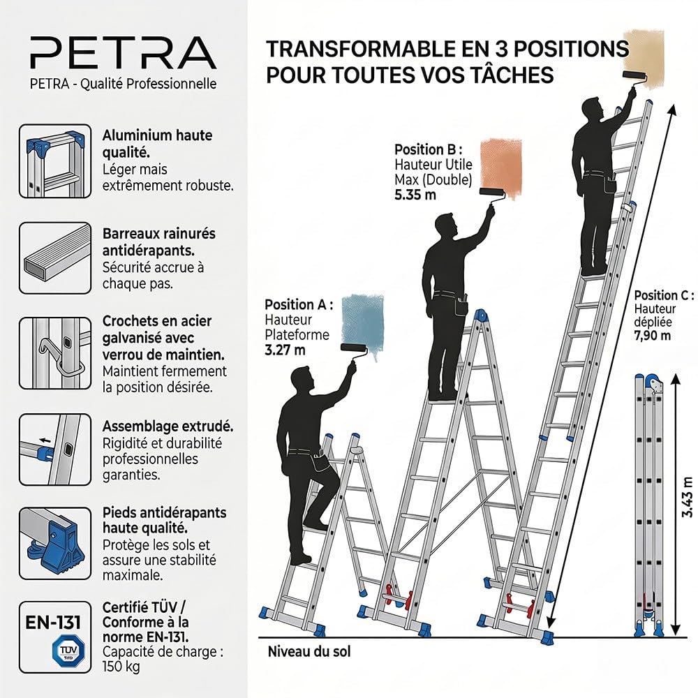 Petra Echelle Professionnelle Transformable en Aluminium 3 Plans 12 marches