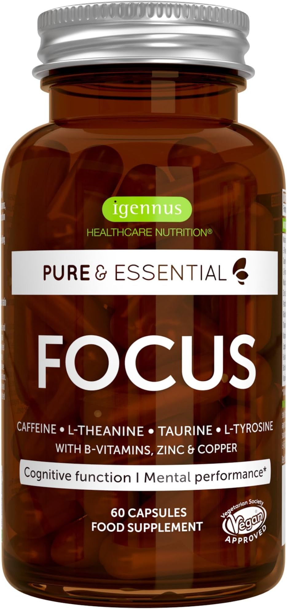 Igennus Focus - Nootropic Brain Supplement for Concentration with Methylated B-Vitamins, Taurine, L-Tyrosine, L-Theanine & 200mg Caffeine, Zinc and Copper, 60 Capsules