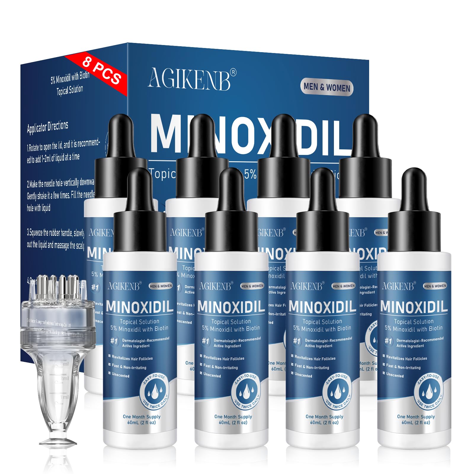8 Pack 5% Minoxidil Hair Regrowth Serum for Men & Women, Biotin-Enriched Liquid Solution for Thicker, Fuller Hair and Beard, Extra Strength, 8 Month Supply