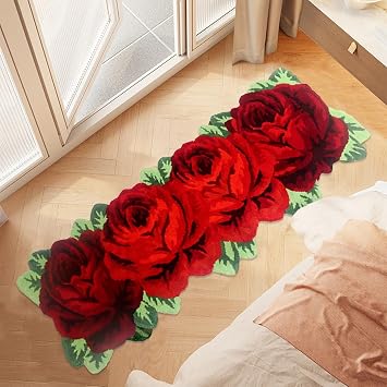 ABREEZE 4 Rose Rug Floor Runner Handmade Rug Blue Floral Mats Anti-SlipNon-Slip Modern Carpet Washable Floor Mats for Bedroom/Sofa/Bathroom 4 Roses Runner, Red