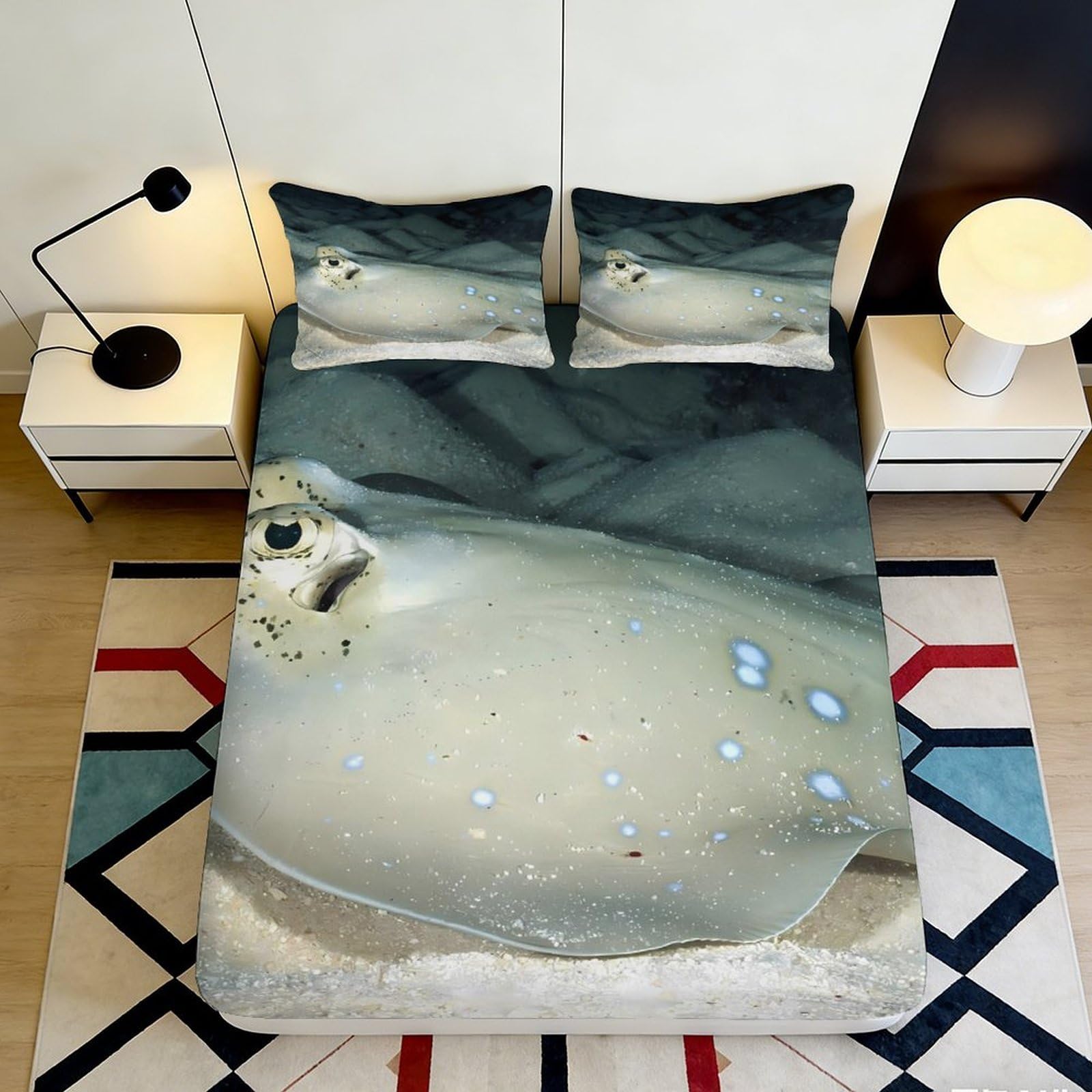 3D Printed Ocean Manta Ray Fitted Sheet Microfiber Soft Breathable Deep Sea Bed Cover for Bedroom Dorm Mattress Protection Decor 90x200x25cm
