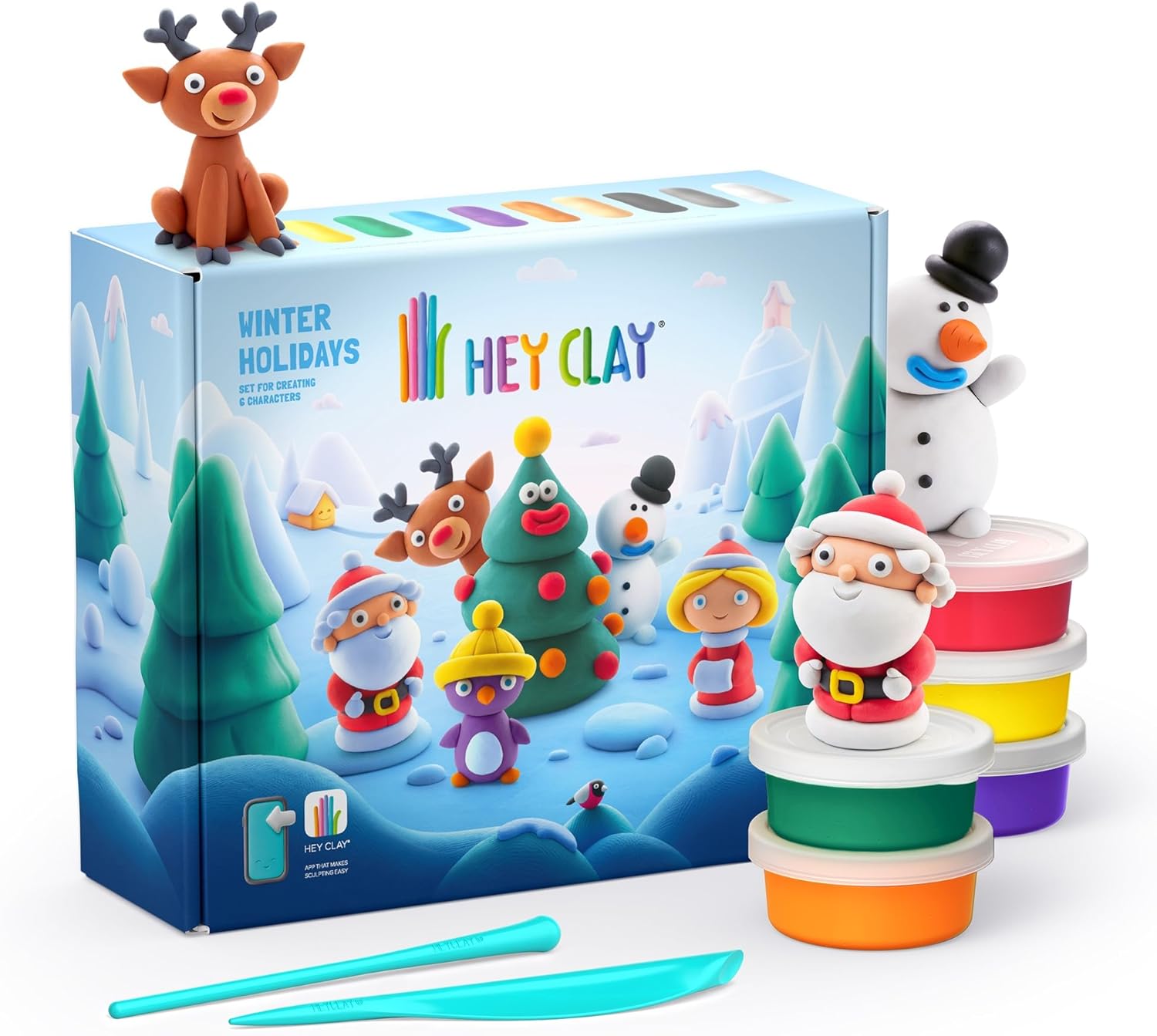 Fat Brain Toys Hey Clay Winter Holidays - Colorful Modeling Air Dry Clay for Kids - Kit 15 Cans with Fun Interactive App