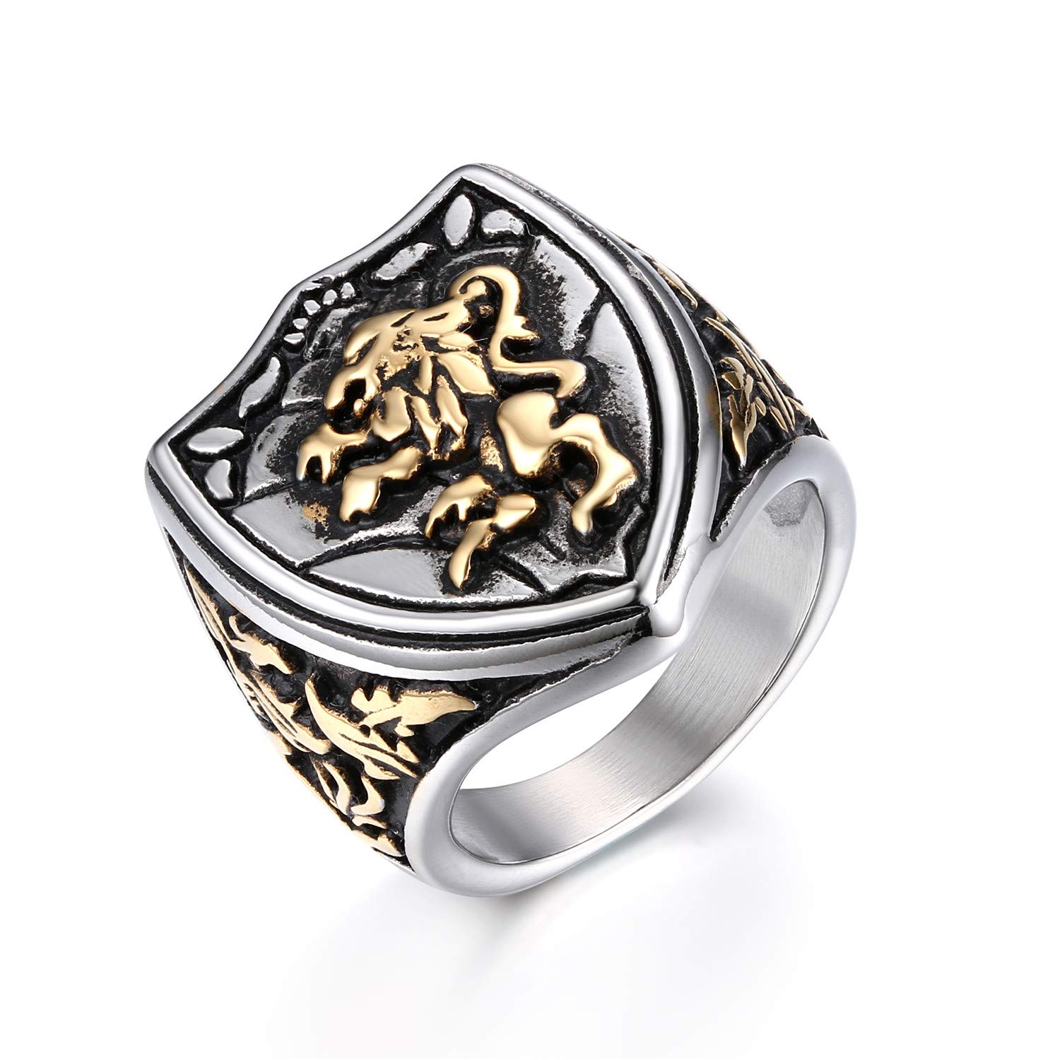 JewelryWeAnillo de hombre con escudo de león de acero inoxidable, anillo grande punk regalo, tamaño a elegir