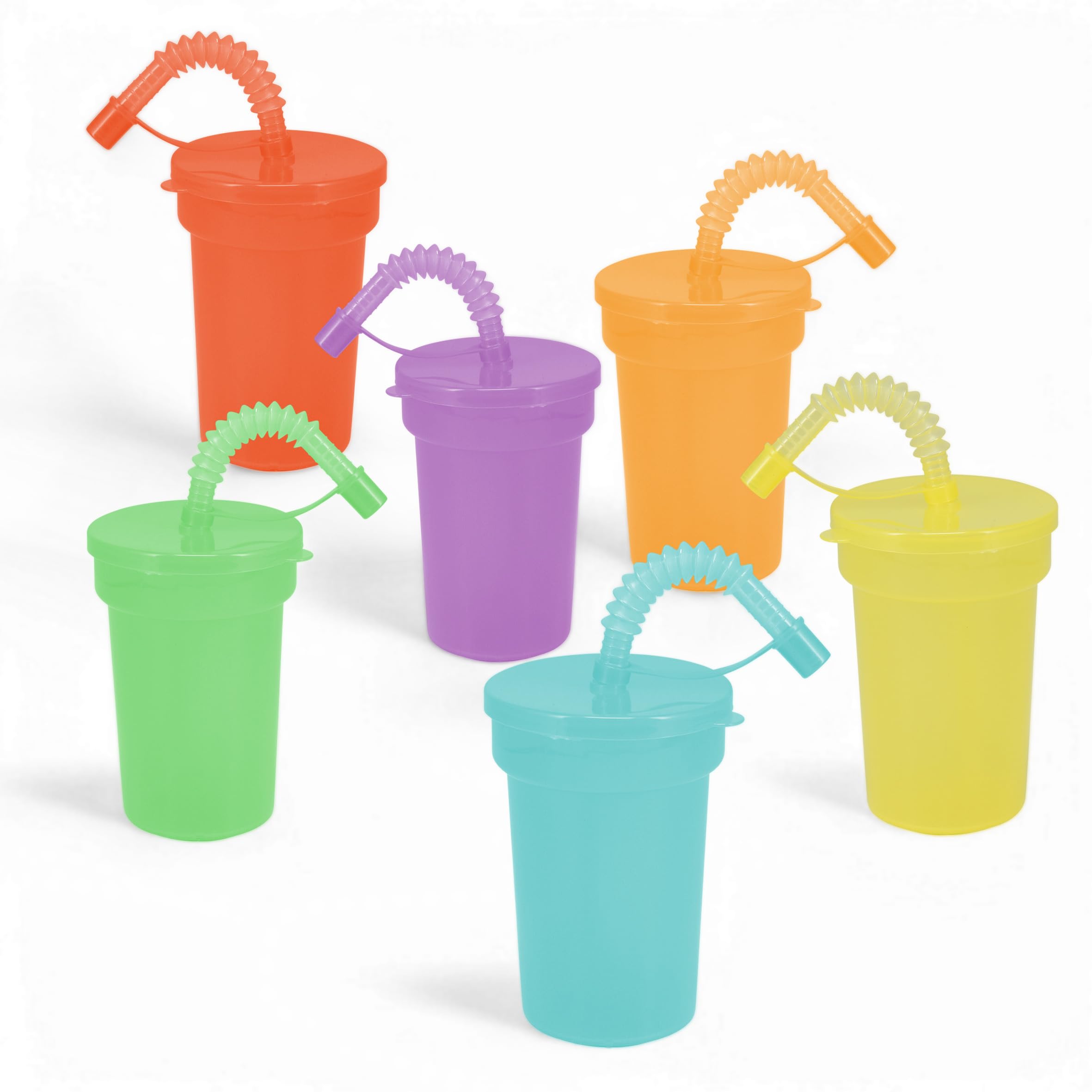 Lot de 6 gobelets réutilisables en plastique pour enfants - Colorés - Avec couvercle et paille - 380 ml - Avec paille flexible refermable - Gobelets en plastique réutilisables pour l'été et le jardin
