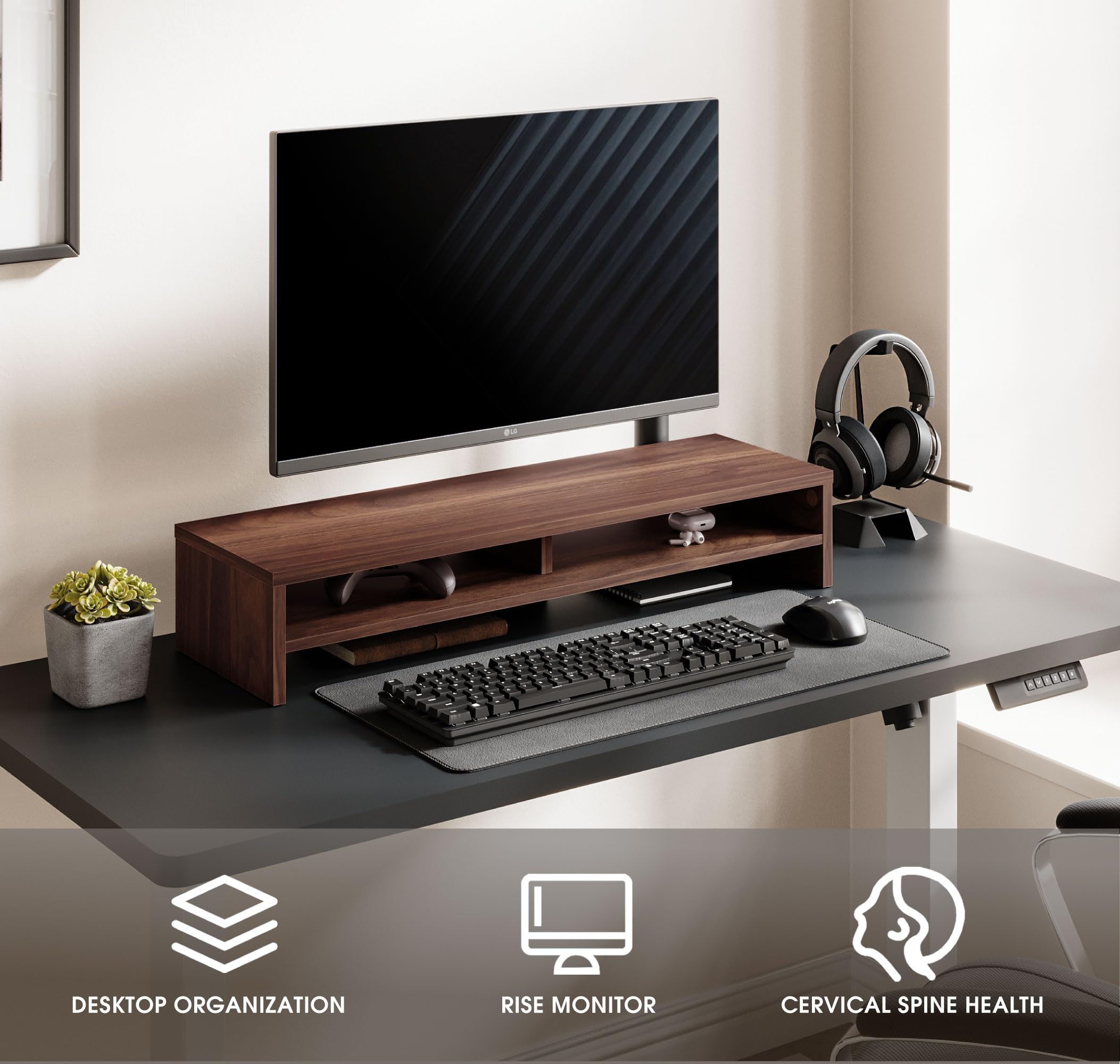 Fenge Réhausseur d'Écran d'Ordinateur Support Dual Moniteurs Organisateur de Bureau 80×23.5×14.2cm Charge 25KG Marron