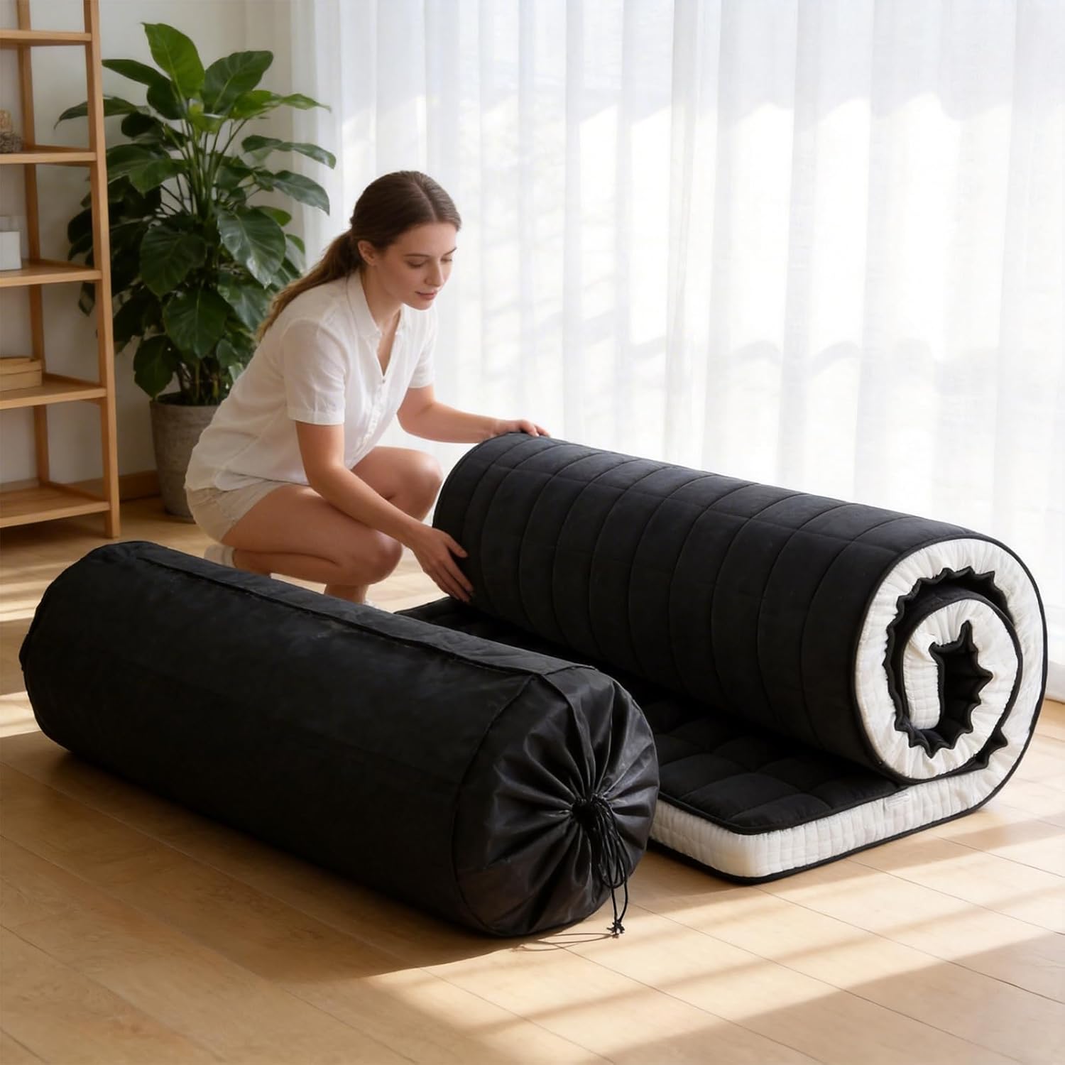 Tiita Japanese Floor Mattress, 4” Thicken Futon Mattress with Storage Bag and 2 Straps，Queen Size Sleeping Tatami Mat for Adults，Black