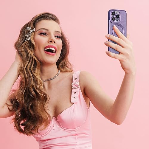 Miniatura 8 de EYZUTAK Funda magnética para iPhone 13 Pro Max, funda de lujo con purpurina brillante con bonito patrón de corazón chapado compatible con MagSafe