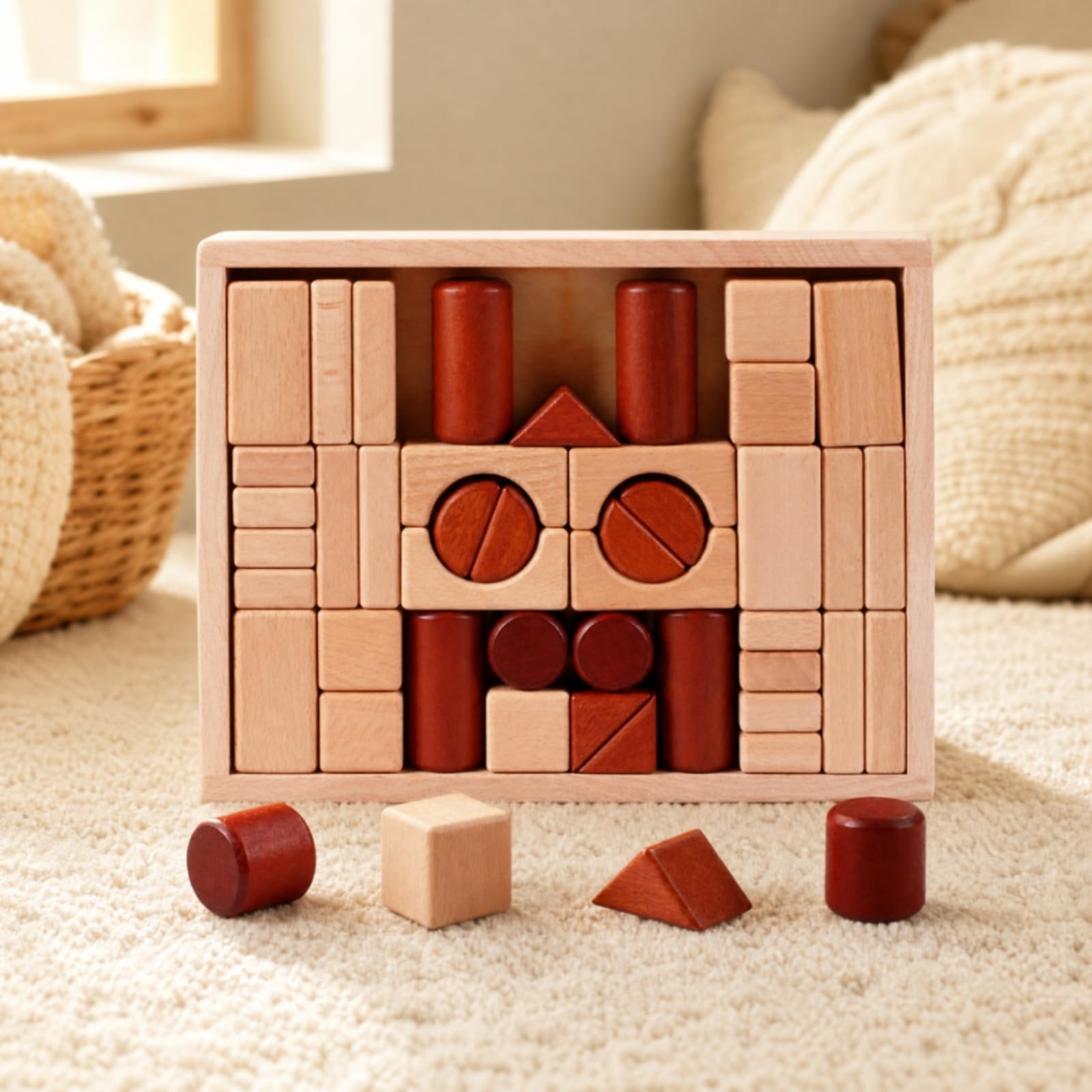 Blocchi da Costruzione in Legno Impilabile Costruzioni in Legno con Pezzi Geometrici Regalo Giocattolo Educativo per Bambini, Casa