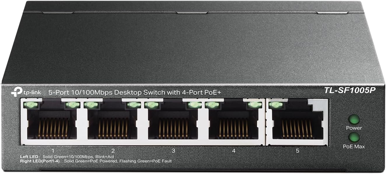 TL-SF1005P | 5 Port Fast Ethernet PoE Switch | 4 PoE+ 10/100 Mbps Ports @67W | Desktop | Plug & Play | Sturdy Metal w/ Shielded Ports | Fanless | Extend & Priority Mode