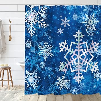 Tititex Merry Christmas Snowflake Shower Curtain Set, Happy Holiday Winter Blue Bathroom Decorative Winter Waterproof Fabric 71x71 Inch with 12 Hooks