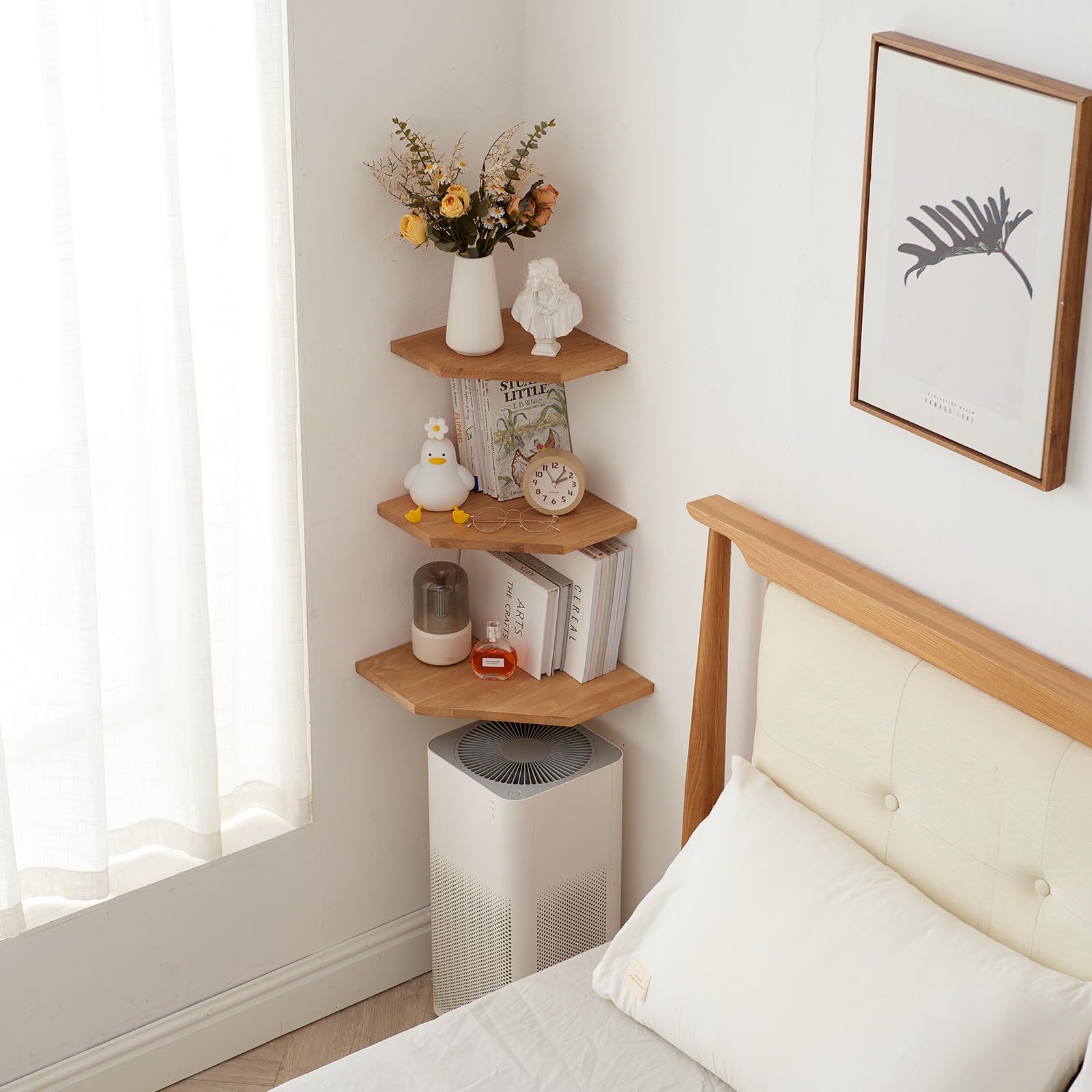 Estante de Esquina de Roble, Estantes Flotantes Estantería Esquina de Madera Maciza Estante de Pared para Cocina, Dormitorio, Salón (22 cm)