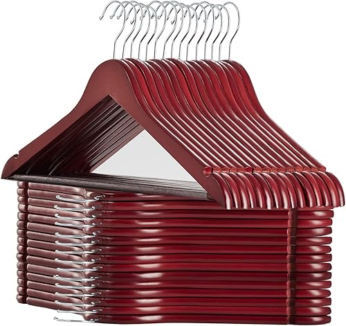 Perchas de madera natural maciza, paquete de 30 perchas resistentes con acabado liso con barra antideslizante para pantalones, muescas cortadas con