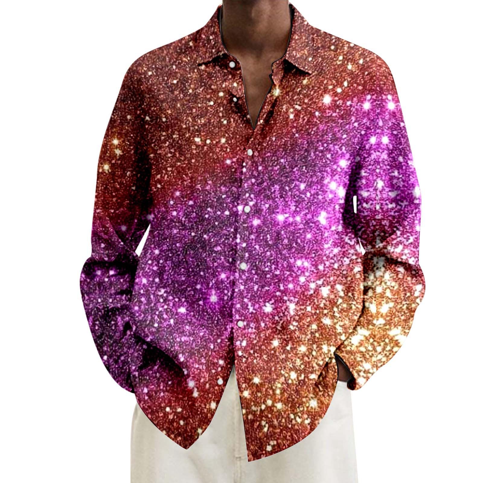 Sequin Shirt Men Ugly Mens Glitter Hippie Disco Man Costume Sequined Top 70s Big and Tall Long Sleeved T Outfit Men's Shiny Shirts Dress Sequins Tshirt Discocostume Adult