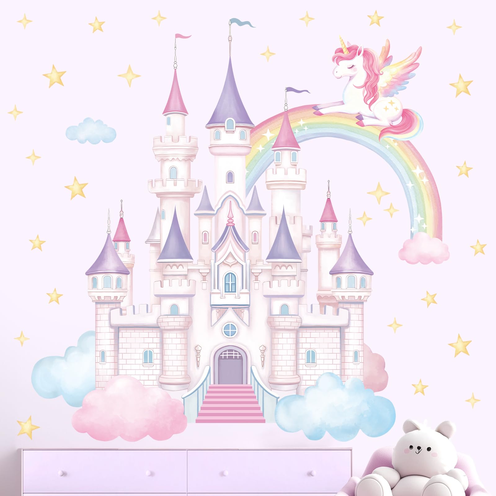 SHUCHING Large Castle Princess Wall Stickers, Unicorn Rainbow Wall Decals for Girls, Removable Vinyl Decorations for Baby Kids Bedroom Nursery Playroom