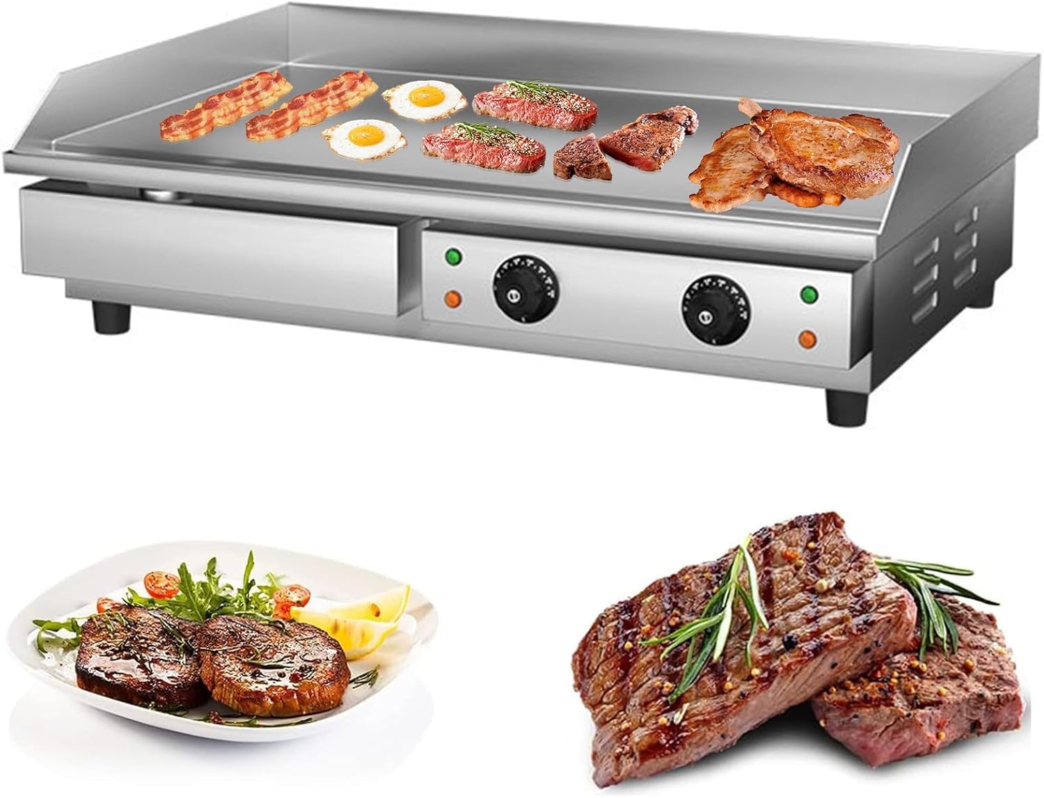 Plancha eléctrica de sobremesa de 29 pulgadas, parrilla plana antiadherente de acero inoxidable con calor ajustable.