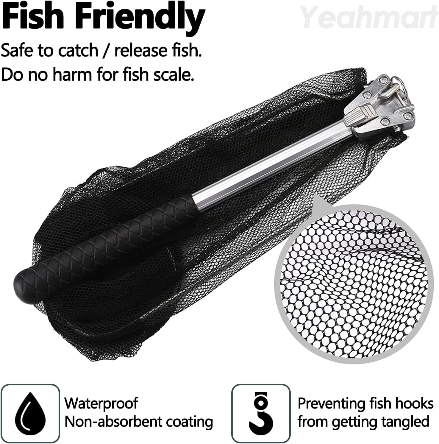 Filet de pêche pliable noir 51 cm - Épuisette pour adultes et enfants, atterrissage pour saumon et poisson-chat