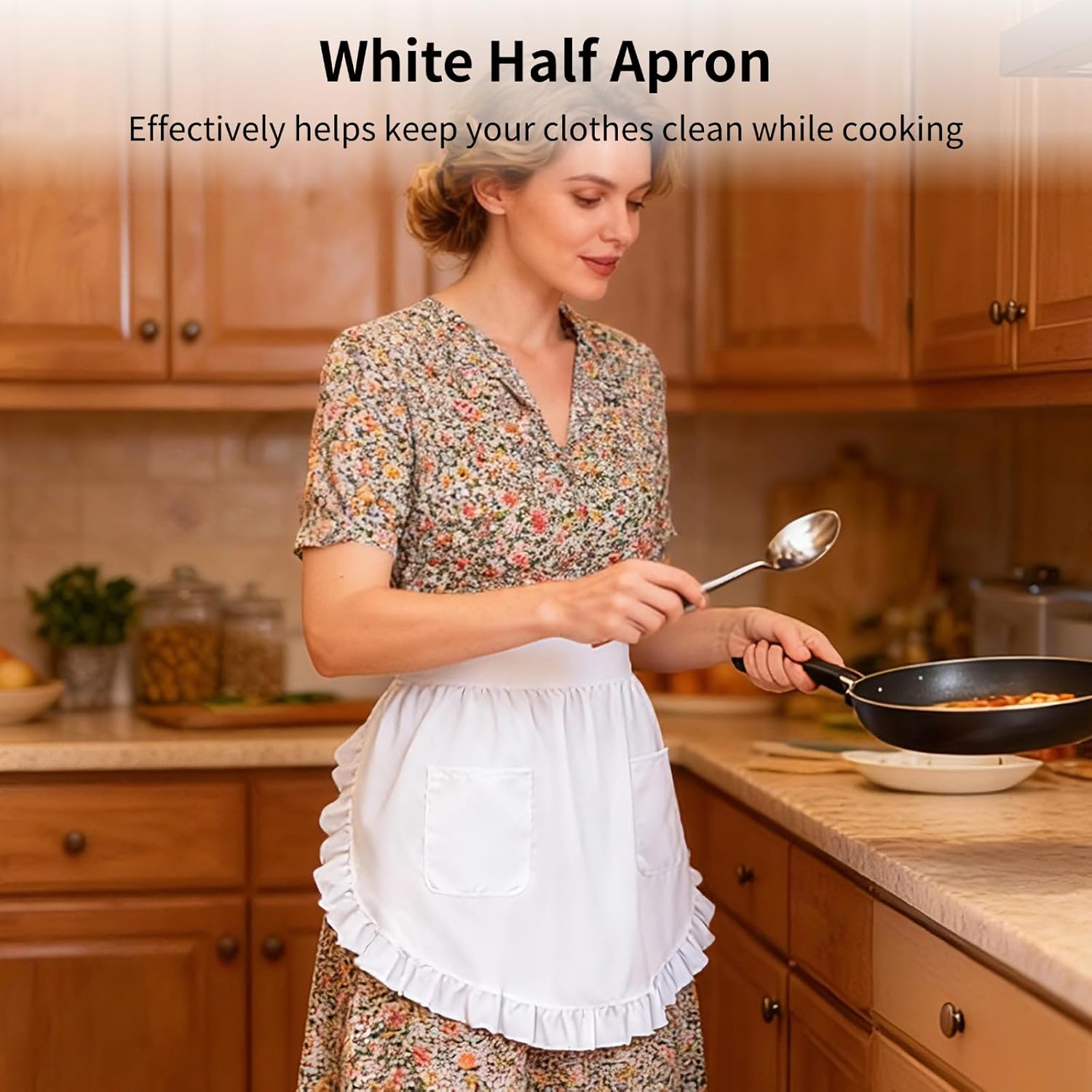 6 Pcs Elegant White Ruffle Polyester Half Aprons, 26 x 16.5 in, 74 in Ties & Pockets, Long-Lasting Waitress Maid Costume Apron for Women, Versatile for Kitchen & Hospitality - Image 3