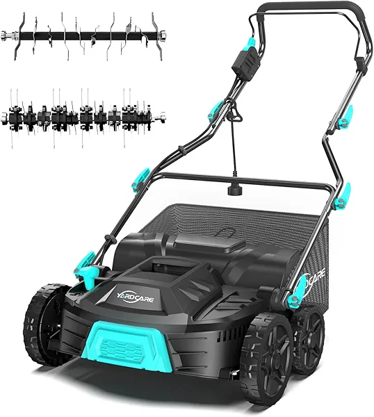 YARDCARE 16‑Inch 15Amp 2‑in‑1 Electric Dethatcher & Scarifier with 5‑Position Depth Adjustment, 12 Gallon Removable Grass Collection Bag, Foldable Design, Lawn Thatcher for Yard Lawn Garden Care