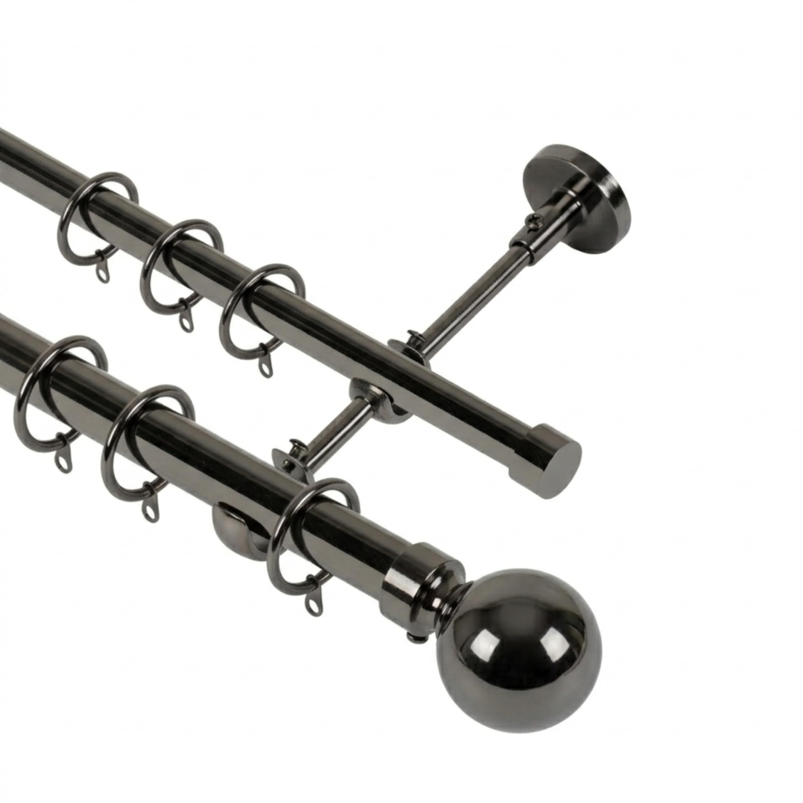 Lister Cartwright Black Nickle (Double Pole) Double Curtain Extendable Pole Set With Black Nickle Ball Finials – 19Mm & 28Mm Metal Poles For Layered Curtains, Sheer & Blackout, Brackets, Rings & Fixings (210-320 Cm)