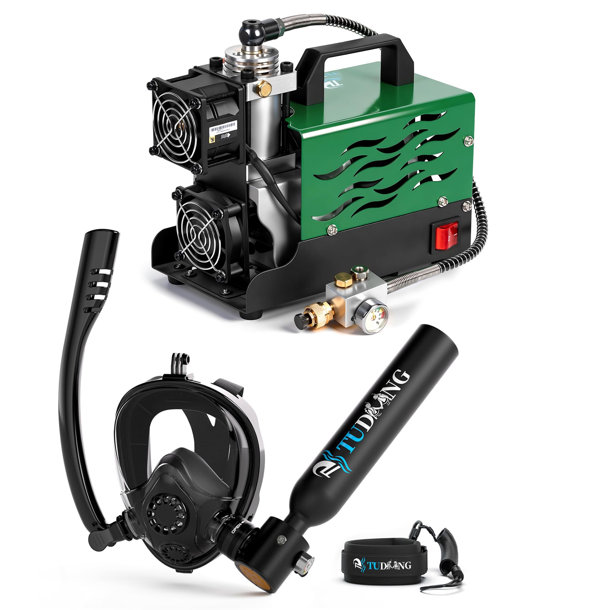 Tanque de Buceo TUDIVING de 0.5L, Tanque de pulmón con compresor, Mini Cilindro de oxígeno con máscara Facial Completa para Trabajo subacuático(Green S200Plus A3+Air Compressor)