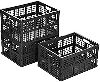 Eslite 34L Collapsible Plastic Storage Crates, Large Folding Stackable Bins Pack of 3 Black - 40lbs Capacity