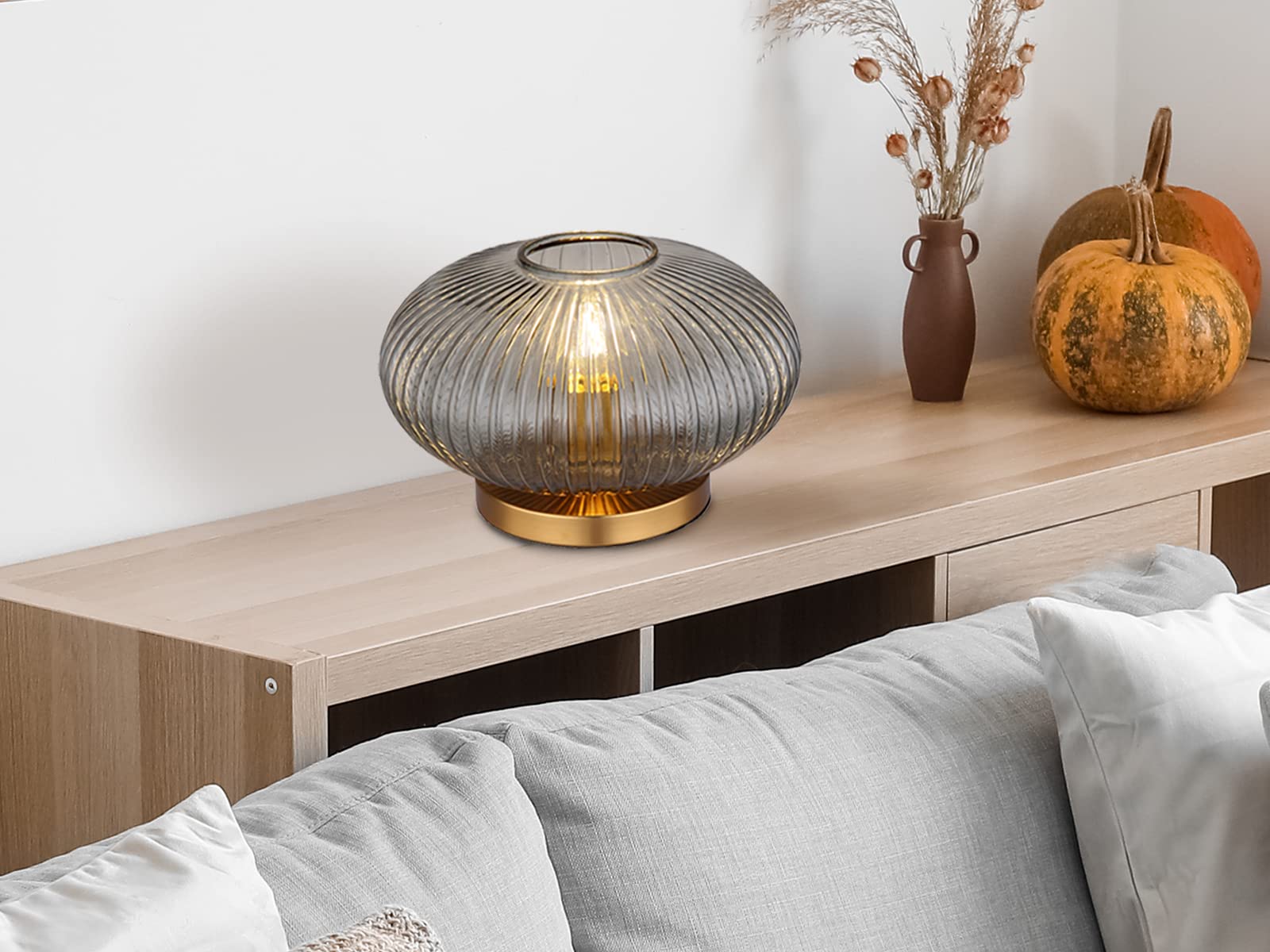 Ausgefallene Tischleuchte mit gerilltem Rauchglas Lampenschirm, Ø 30cm