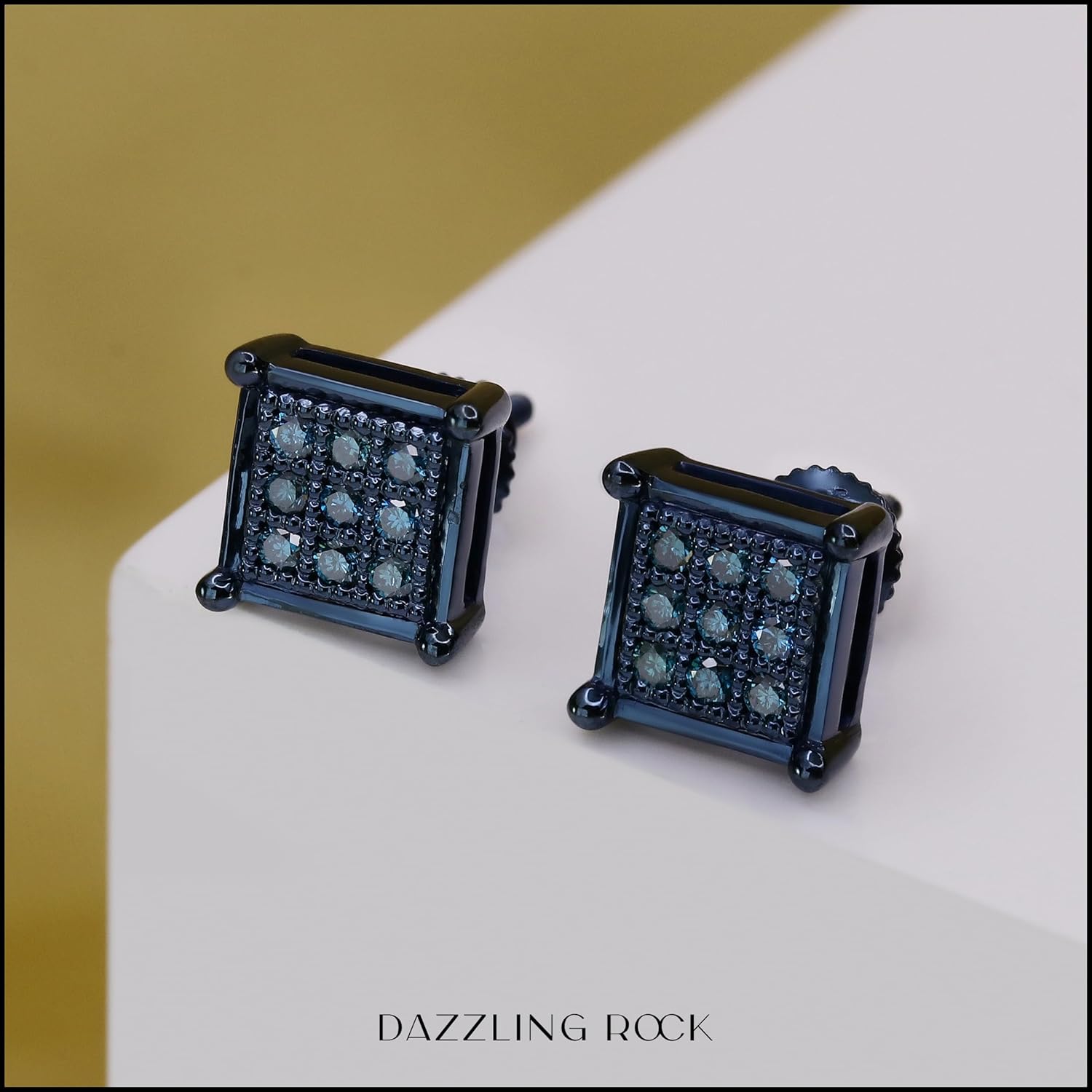 Dazzlingrock Collection 0.25 Ctw Round Blue Natural Diamond 8mm Square Hip Hop Iced Out Studs in Blue Plated 925 Sterling Silver, Unisex Design Ladies,Mens Real Natural Diamond Earrings