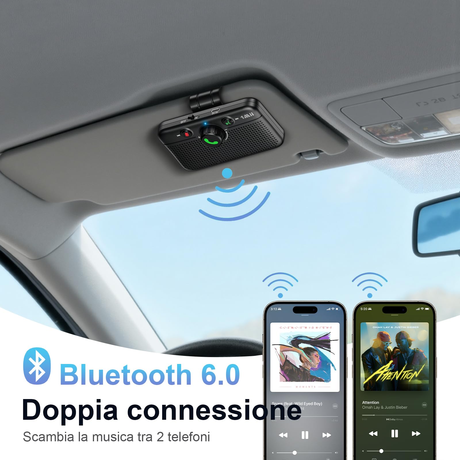 1Mii Kit Vivavoce per Auto Bluetooth 6.0 con Siri Assistente Comandi Vocali di Google Altoparlante, per Chiamate Viva Voce, GPS, Connessione Automatica, Altoparlante da 5W, Connettività Dual Link