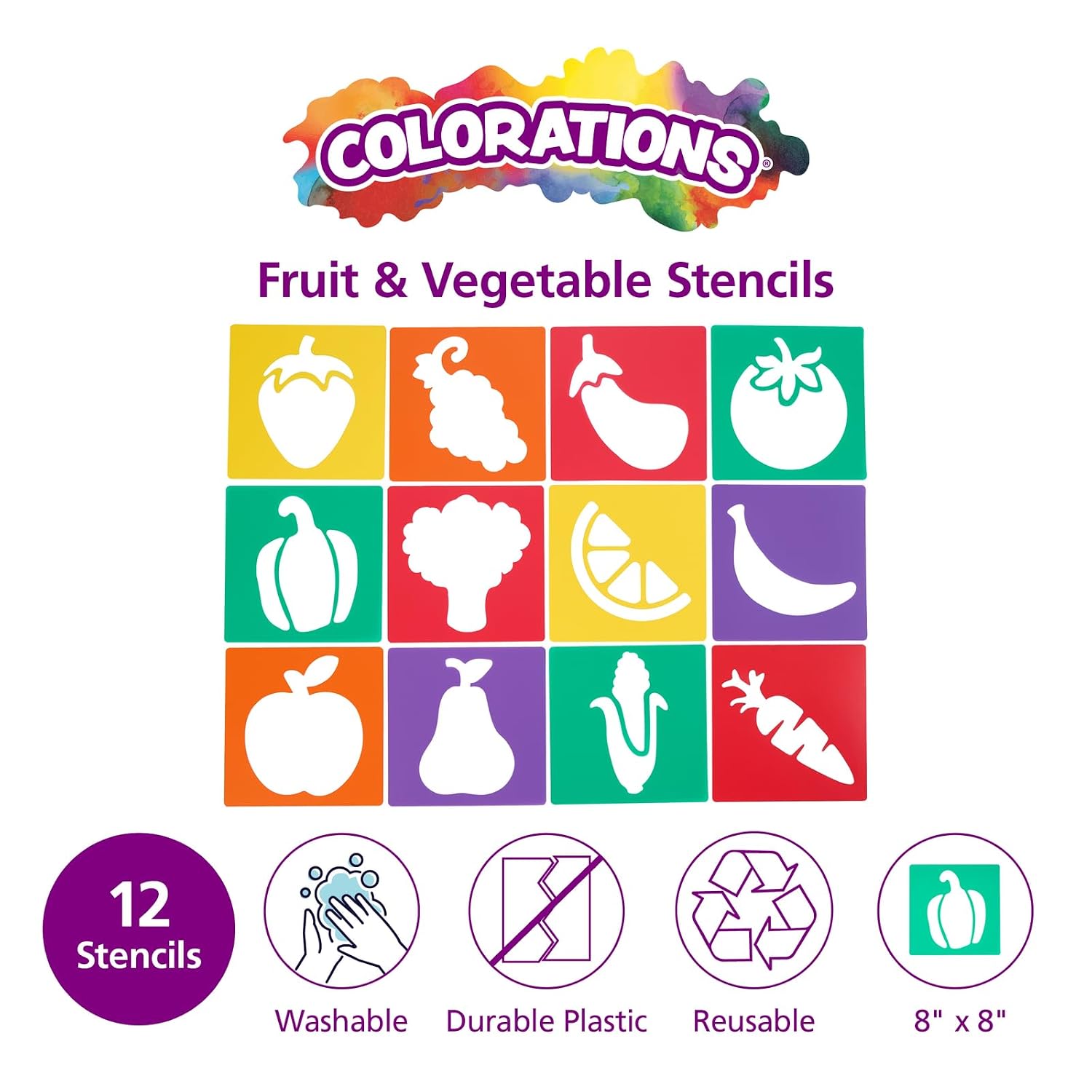 Colorations Fruit & Vegetable Shapes Stencils for Kids, 8" Sq., Set of 12 image 2
