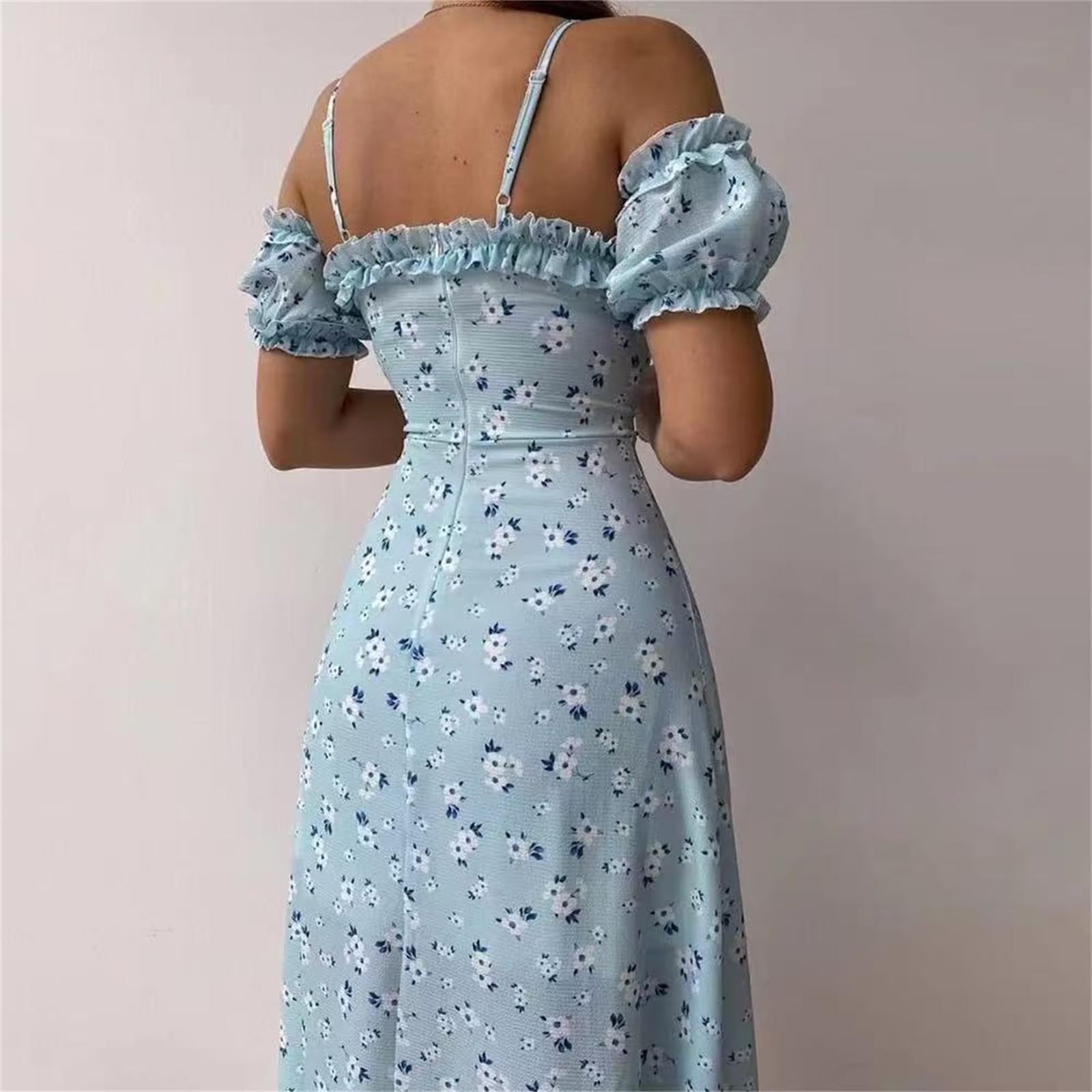 Elegante Estampado Casual de Verano Vestido Dividido Hombro a Hombro Vestido Midi de Manga Corta para Mujeres, Adecuado para Fiestas de Clubes de Vacaciones, HUTALIM, Azul claro, m