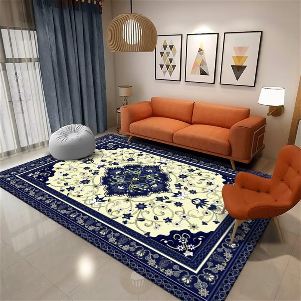 Tapis grand format chambre adulte bleu floral vintage jaune 200x200 cm