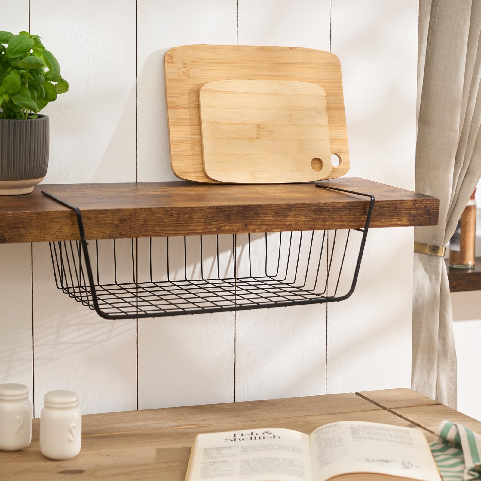 Ohs Black Under Shelf Storage Baskets, Space Saving Stackable Hanging Basket Metal Wire Storage Basket Organiser For Kitchen Office Pantry Bathroom Or Cabinet,