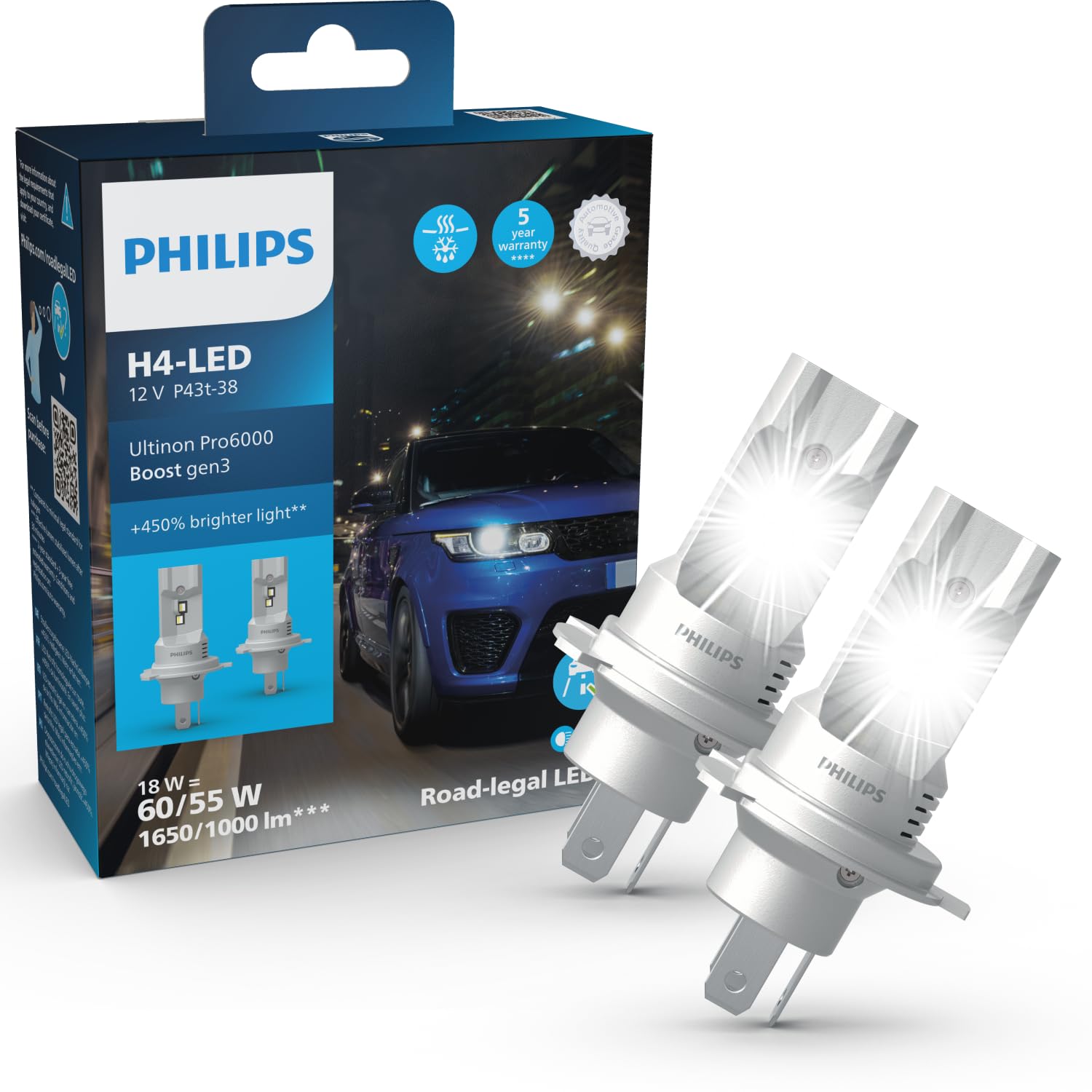 Philips Ultinon Pro6000 Boost gen3 Direct-​fit H4 LED, lampe de phare avec homologation routière*, lumière +​450 % plus brillante**