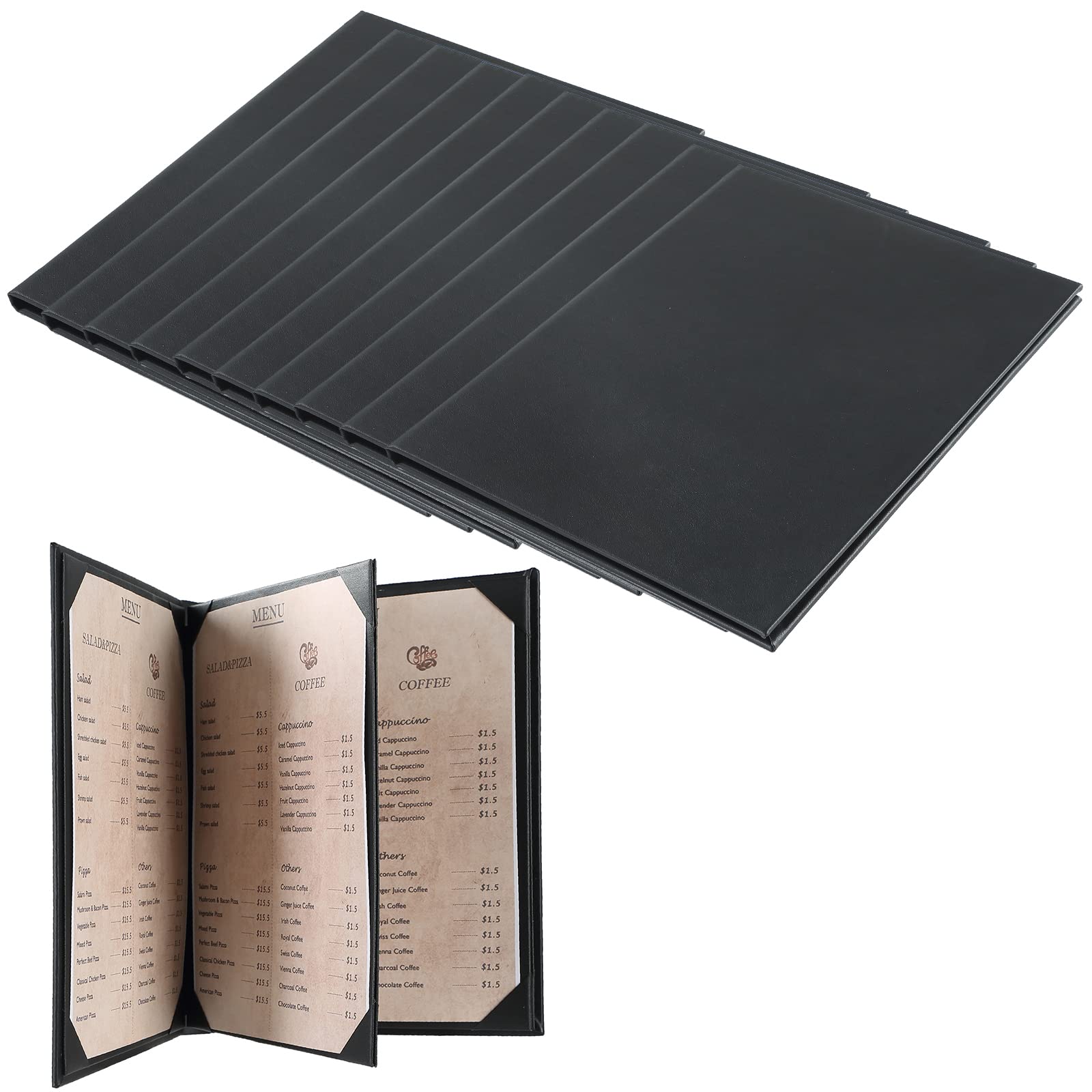 FLKQCRestaurant Menu Covers Holders 8.5" X 11" | Pack of 10 Synthetic Leather 4 View Menu Holder Covers Book Style with Angled Corners Black for Wine List (10, 4 View (8.5" x 11"))