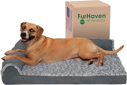Furhaven - Cama para perro de espuma de gel refrescante, de piel sintética y gamuza, en dos tonos, estilo diván, en forma de L, color gris piedra,