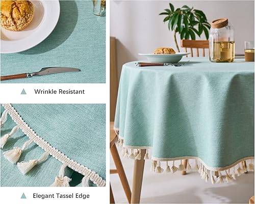 Miniatura 3 de Mantel redondo con textura de lino con borla, impermeable, a prueba de derrames, para decoración de mesa de cocina, comedor, verde, redondo, 48