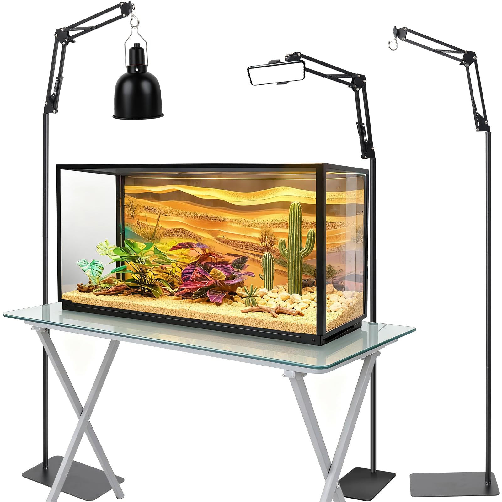 FASTDEPLE Reptile Lamp Stand, 15-46”Adjustable Heat Lamp Stand with 360°Rotating Arm & Heavy Duty Base, Floor Standing Reptile Light Holder for Bearded Dragon Turtles Snake and Chicks