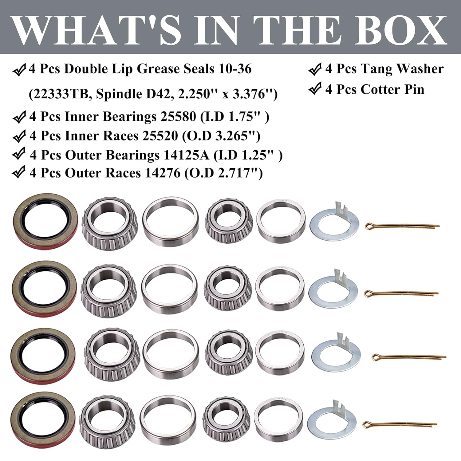 4 Sets 25580 14125A 25520 14276 Boat Trailer Bearing Kit Trailer Axles Bearing Kits with Double Lip Grease Seals Fits for 10-36 22333TB 5200-7000 Lb Tandem Axles