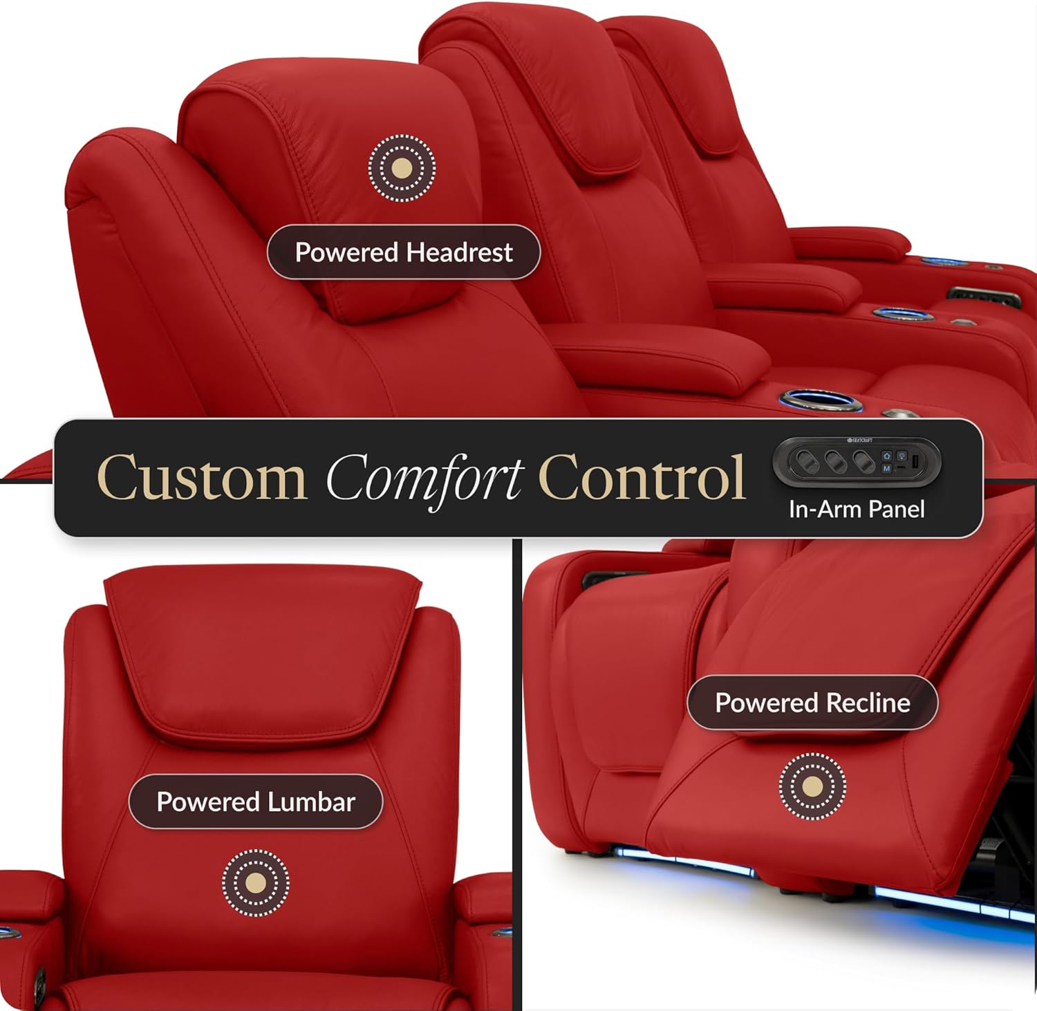 Seatcraft Equinox Zero-Gravity CoolZero Italian Leather Home Theater Seating, Powered Headrest, Powered Lumbar, Powered Recline, Row of 4, Red