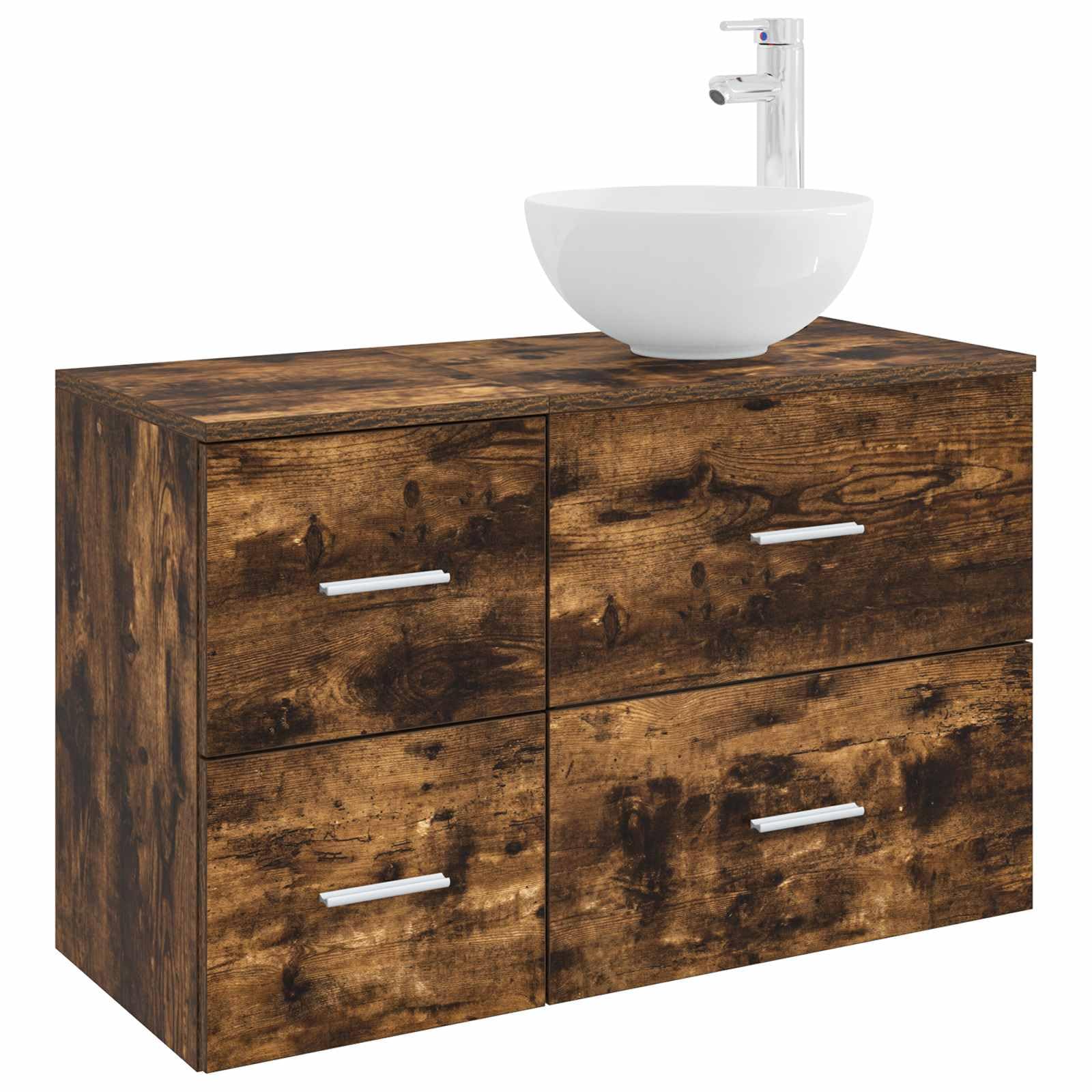 Muebles de baño con lavabo compacto en madera de roble ahumado para optimizar espacio