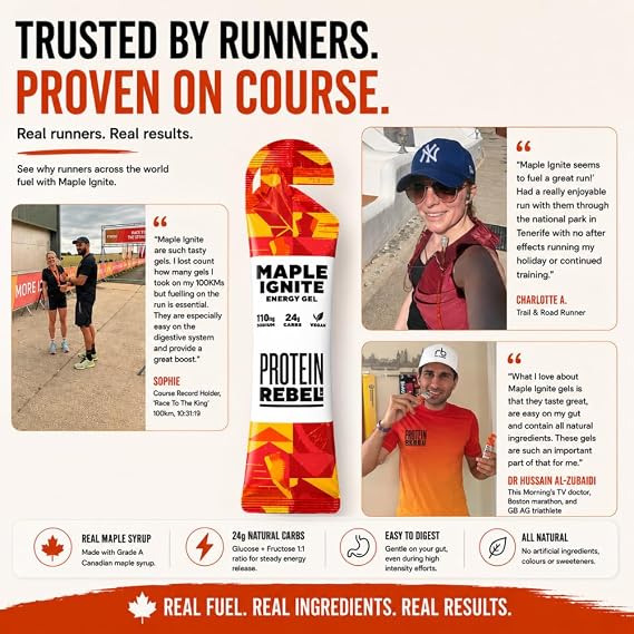Maple Ignite - Natural Energy Gels with Grade A Canadian Maple Syrup for Running, Cycling & Endurance by Protein Rebel - Easy to Digest Running Gels - 24g Carbs, Electrolytes (1 Sachet)