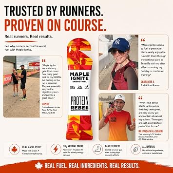 Maple Ignite - Natural Energy Gels with Grade A Canadian Maple Syrup for Running, Cycling & Endurance by Protein Rebel - Easy to Digest Running Gels - 24g Carbs, Electrolytes (1 Sachet)