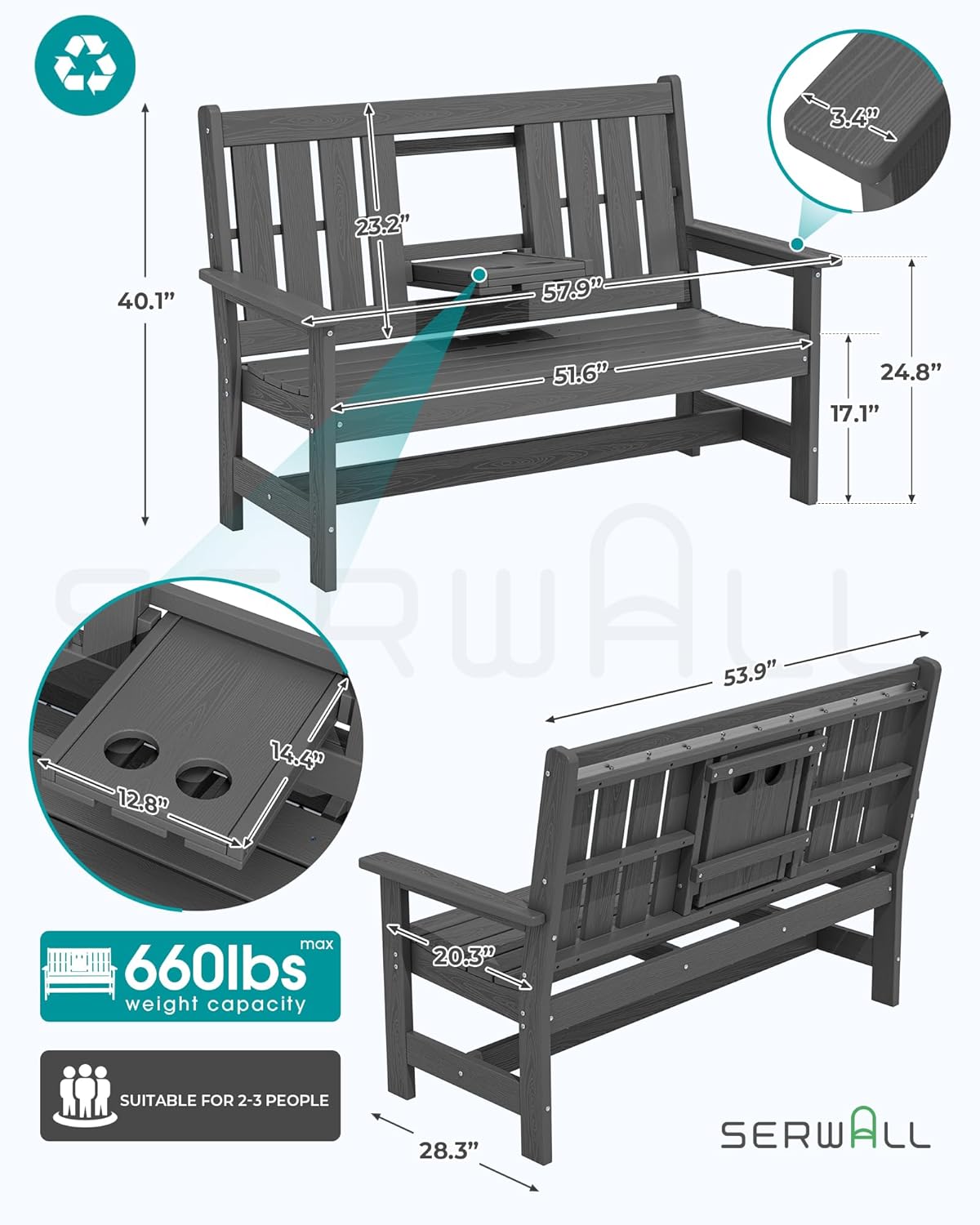 SERWALL Outdoor Bench with Cup Holder, 58" HDPE Garden Park Bench Suitable for 3 Person, All Weather Patio Benches with High Backrest and Wide Armrests for Garden, Park, Yard, Front Porch, Grey