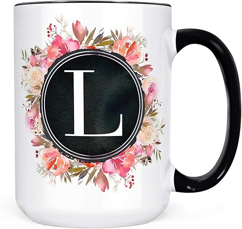 Custom Initial Floral Monogram Ceramic Coffee Mug, 11 oz or 15 oz