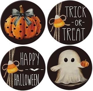 Whaline 4Pcs Happy Halloween Coasters Trick or Treat Ghost Pumpkin Ceramic Coasters Absorbent Cup Mat for Home Kitchen Office Party Table Decor
