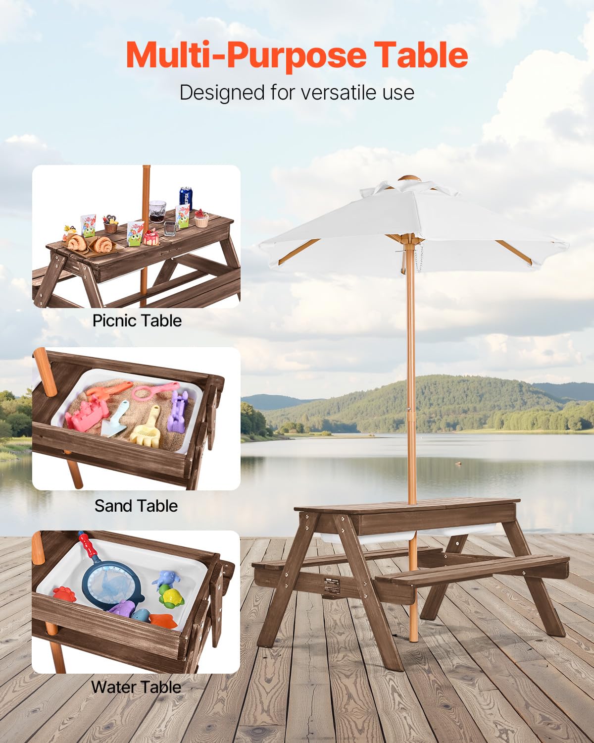 VEVOR Table de Pique-Nique avec Parasol, Ensemble Table et Banc d'extérieur en Bois avec 2 Plateaux, Table Sable et Eau 3 en 1, mobilier de Jardin pour 4 Personnes, pour arrière-Cour et Porche, Noyer