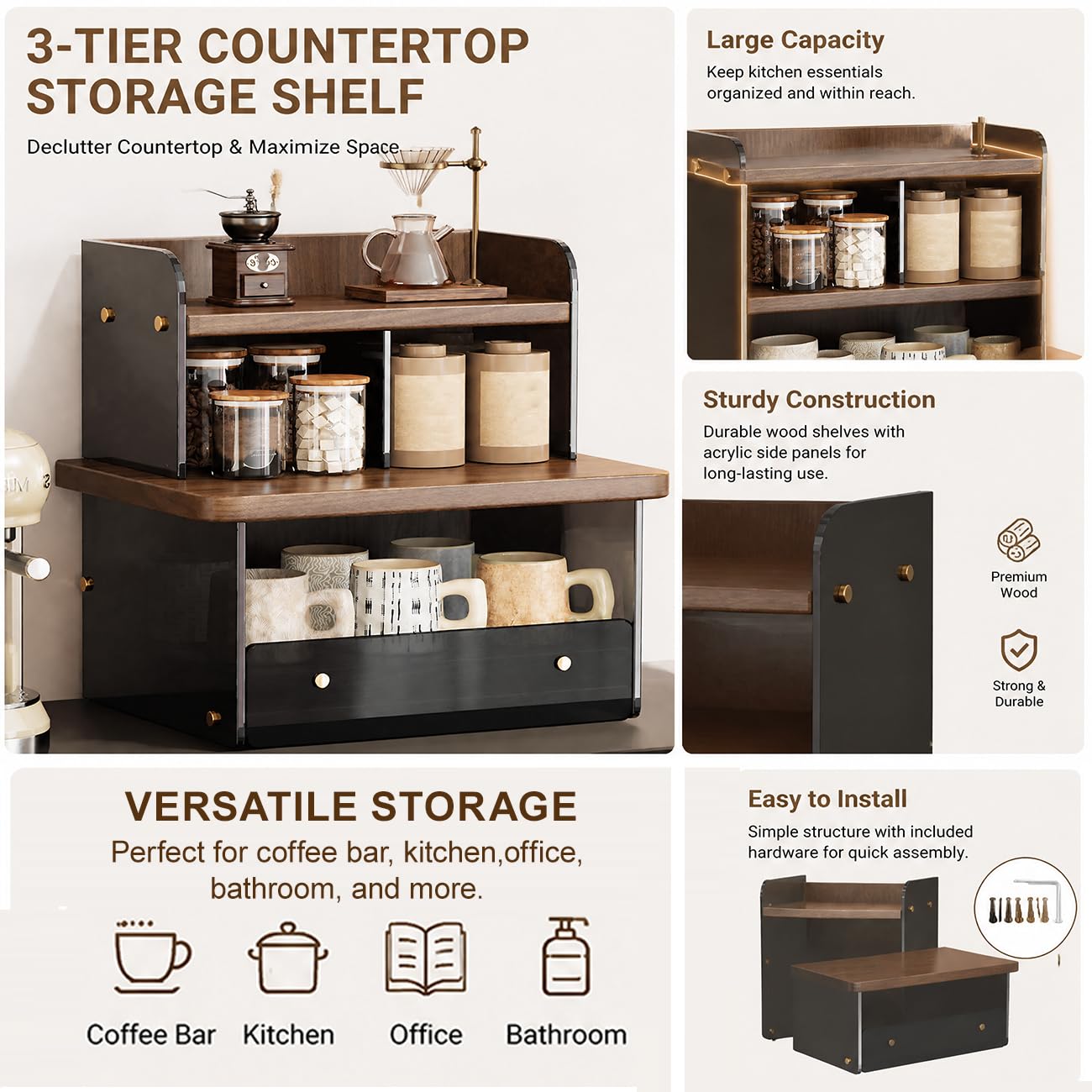 Organisateur Acrylique Coffee Corner, Porte Tasses avec Tiroir, Mugs Brown,32 * 26 * 34.5cm