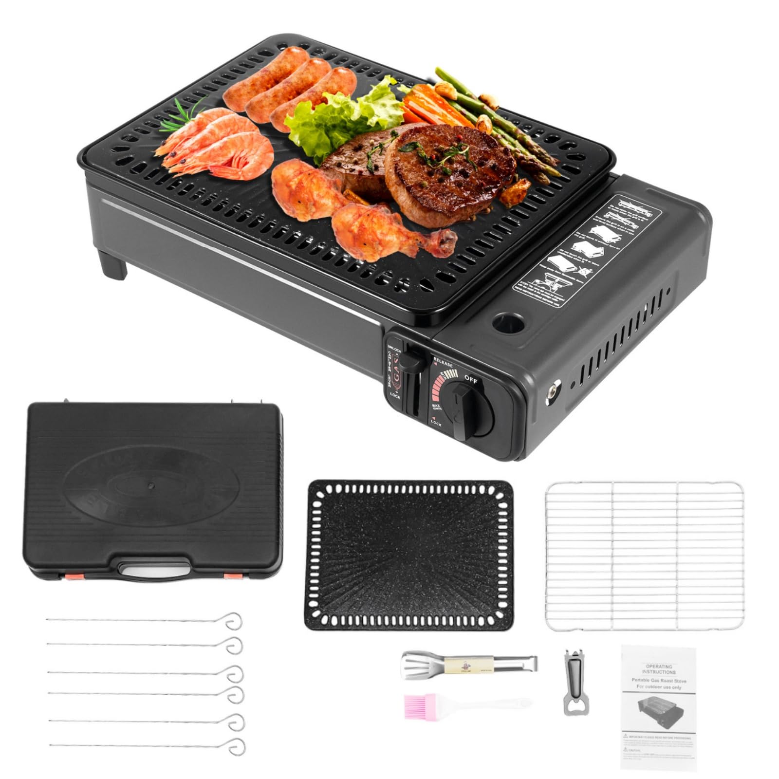 Barbacoa de gas portátil con parrilla y bandeja para hornear, pequeña llama ajustable, hornillo de gas portátil, juego de barbacoa, set de barbacoa para camping, hornillo de butano/LPG, conexión para
