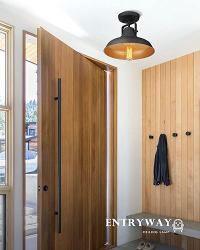 Miniatura 4 de Audickic AD-2135-1SF - Lámpara de techo semiempotrada de 1 luz, lámpara de techo negra de granja, iluminación industrial cercana al techo para