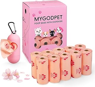 Dog Poop Bags Rolls with Dispenser 150 Count Biodegradable Poop Bags for Dog and Cat Cherry Blossom Scented Waste Bag Leak Proof Doggie Poop Bag Doggy Trash Bag Pink